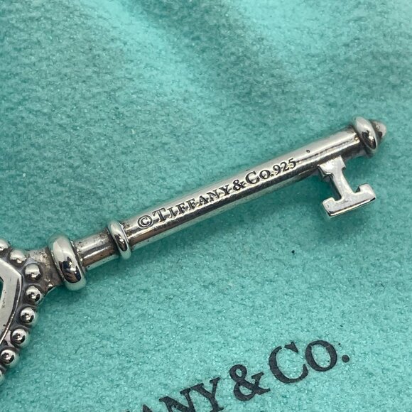 Tiffany & Co. AG 925 Sterling Silver Large Heart Key Beaded Pendant Blue Enamel - Picture 7 of 8